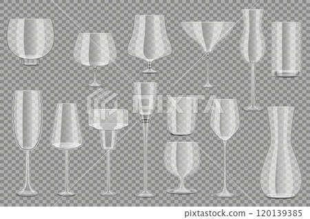 Glass goblets set elements in flat graphic design. Collection of realistic clear transparent glassware for wine, martini, whiskey, champagne and other festive event beverages. Vector illustration. Glass goblets set elements in flat graphic design. Collection of realistic clear transparent glassware for wine, martini, whiskey, champagne and other festive event beverages. Vector illustration. 120139385