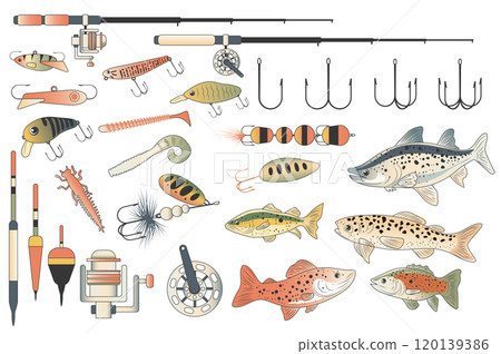 Fishing tools set elements in flat graphic design. Collection of fishing rods with reels, different types of baits, spoons, hooks, bobbers, lures, salmon, trout and other fish. Vector illustration. 120139386