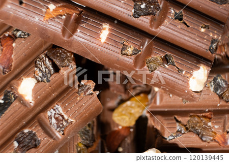 Close-up of milk nut chocolate. Healthy sweets, lactose-free and sugar-free chocolate Close-up of milk nut chocolate. Healthy sweets, lactose-free and sugar-free chocolate 120139445