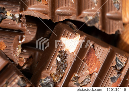 Close-up of milk nut chocolate. Healthy sweets, lactose-free and sugar-free chocolate Close-up of milk nut chocolate. Healthy sweets, lactose-free and sugar-free chocolate 120139446
