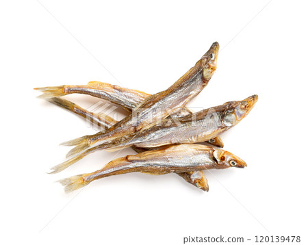 Dry smelt isolated, salted small herring, dried sardina, salted seafood, beer snacks stockfish 120139478