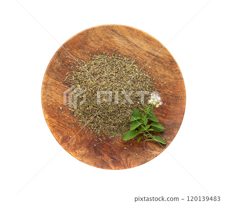 Dry thyme isolated, dried marjoram, oregano pile, ground crushed thyme seasoning, thyme leaves Dry thyme isolated, dried marjoram, oregano pile, ground crushed thyme seasoning, thyme leaves 120139483