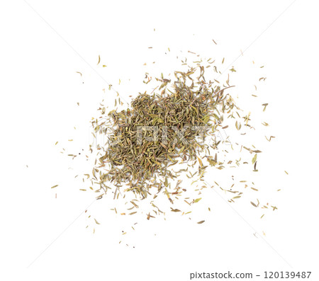 Dry thyme isolated, dried marjoram, oregano pile, ground crushed thyme seasoning, thyme leaves 120139487