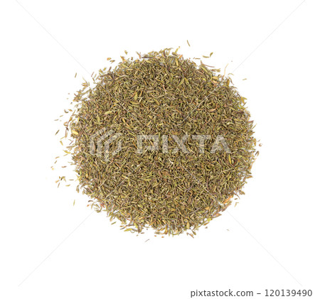 Dry thyme isolated, dried marjoram, oregano pile, ground crushed thyme seasoning, thyme leaves Dry thyme isolated, dried marjoram, oregano pile, ground crushed thyme seasoning, thyme leaves 120139490