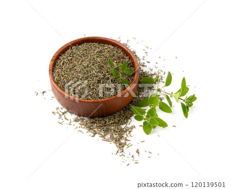 Dry thyme isolated, dried marjoram, oregano pile, ground crushed thyme seasoning, thyme leaves 120139501