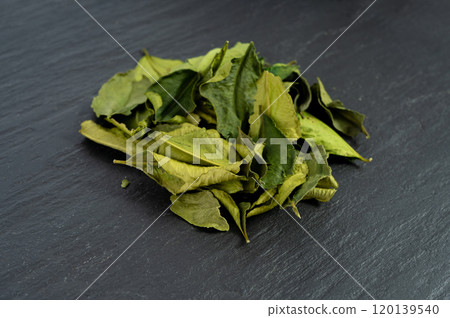 Thai lime dried leaves, makrut lime or Citrus hystrix leaf pile, kaffir lime dry sprouts, Southeast Asia spices 120139540