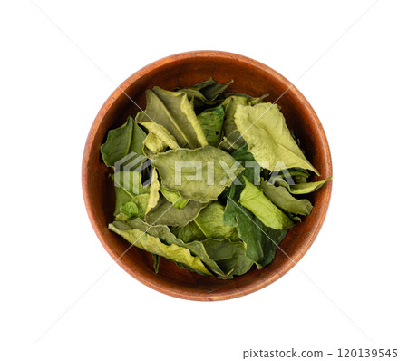 Thai lime dried leaves isolated, makrut lime or Citrus hystrix leaf pile, kaffir lime dry sprouts, Asia spices Thai lime dried leaves isolated, makrut lime or Citrus hystrix leaf pile, kaffir lime dry sprouts, Asia spices 120139545