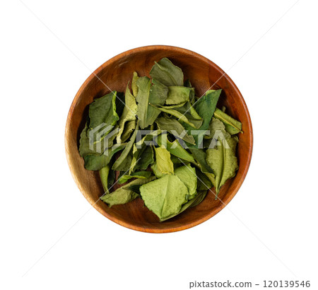Thai lime dried leaves isolated, makrut lime or Citrus hystrix leaf pile, kaffir lime dry sprouts, Asia spices Thai lime dried leaves isolated, makrut lime or Citrus hystrix leaf pile, kaffir lime dry sprouts, Asia spices 120139546