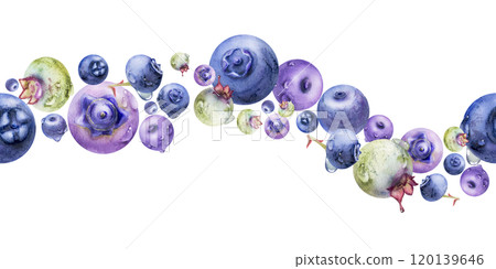 Blueberry blackberry, hand drawn in watercolor, group of flying ripe forest berry with drops, blue and purple. Seamless banner garland illustration, for restaurant, cafe menu, wedding, farmers market 120139646