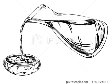 Japanese food for sushi sashimi, soy sauce teriyaki mirin unagi in glass jar pouring into ceramic bowl, splash hand drawn in vector pen, ink. Illustration restaurant, cafe menu, kitchen, recipe book 120139665