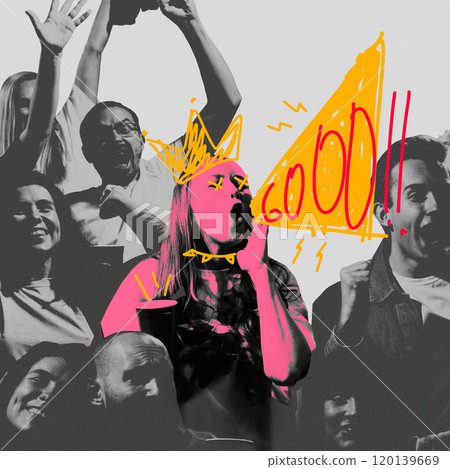 Contemporary art collage. Soccer fan in pink duotone filter with bold yellow sketches, shouting Go against grey crowd. Contemporary art collage. Soccer fan in pink duotone filter with bold yellow sketches, shouting Go against grey crowd. 120139669