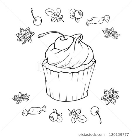 Vector illustration set of cupcakes with ingredients - berries, spices, sweets hand drawn in doodle style. Vector illustration set of cupcakes with ingredients - berries, spices, sweets hand drawn in doodle style. 120139777