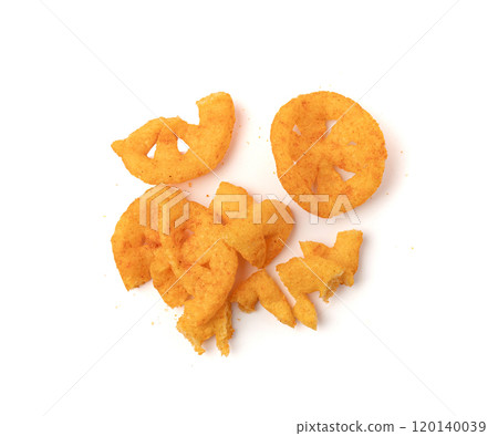 Corn puff snack isolated, crunchy cereal nosh, crispy yellow rice breakfast with paprika 120140039