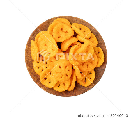 Corn puff snack isolated, crunchy cereal nosh, crispy yellow rice breakfast with paprika Corn puff snack isolated, crunchy cereal nosh, crispy yellow rice breakfast with paprika 120140040