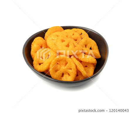 Corn puff snack isolated, crunchy cereal nosh, crispy yellow rice breakfast with paprika 120140043