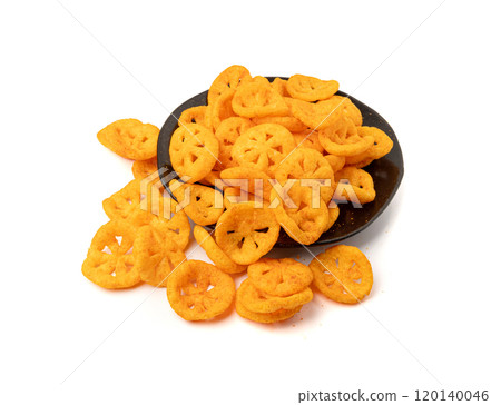 Corn puff snack isolated, crunchy cereal nosh, crispy yellow rice breakfast with paprika 120140046