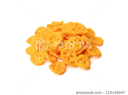 Corn puff snack isolated, crunchy cereal nosh, crispy yellow rice breakfast with paprika Corn puff snack isolated, crunchy cereal nosh, crispy yellow rice breakfast with paprika 120140047