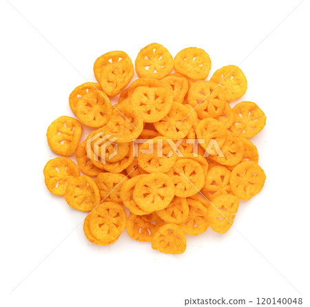 Corn puff snack isolated, crunchy cereal nosh, crispy yellow rice breakfast with paprika 120140048