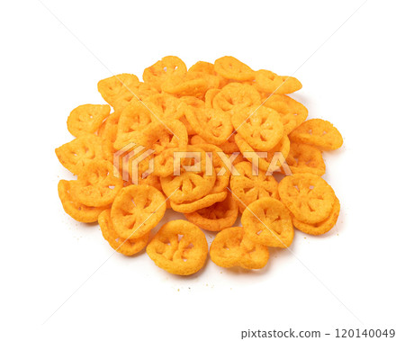Corn puff snack isolated, crunchy cereal nosh, crispy yellow rice breakfast with paprika Corn puff snack isolated, crunchy cereal nosh, crispy yellow rice breakfast with paprika 120140049