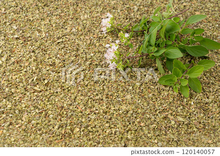 Dry thyme texture, dried marjoram pattern, oregano pile background, ground crushed thyme seasoning mockup 120140057