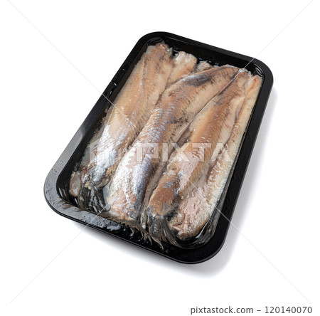 Dutch herring packaging isolated, salted fish meat fillet, traditional maatjes, raw atlantic herring, matias 120140070