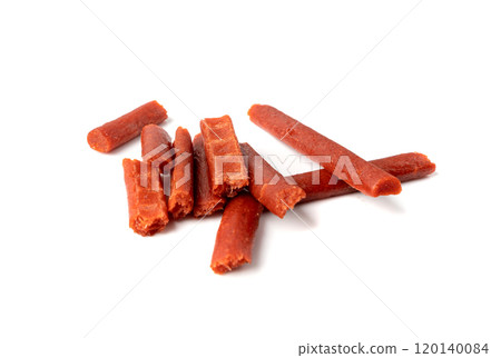 Fish Jerky Isolated, Dry Salted Seafood Snack, Hake Stockfish, Small Pieces of Dehydrated Pollock 120140084