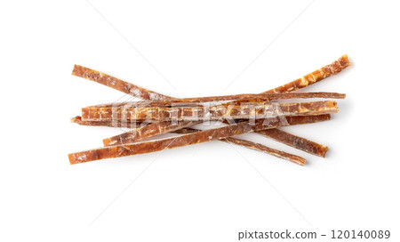 Fish Jerky Isolated, Dry Salted Seafood Snack, Hake Stockfish, Small Pieces of Dehydrated Pollock Fish Jerky Isolated, Dry Salted Seafood Snack, Hake Stockfish, Small Pieces of Dehydrated Pollock 120140089