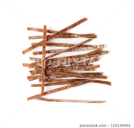 Fish Jerky Isolated, Dry Salted Seafood Snack, Hake Stockfish, Small Pieces of Dehydrated Pollock 120140092