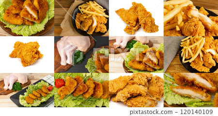 Breaded Fried Chicken Fillet Collage, Hot Crispy Chicken Nuggets, Fillet Strips, Meat Pieces 120140109