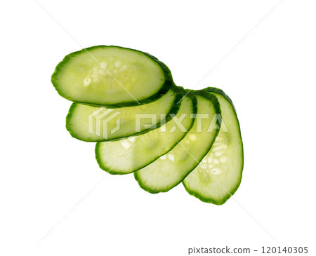 Cucumber cut isolated, cucumber round slices macro, green vegetable cuts for salad isolated, fresh pieces 120140305