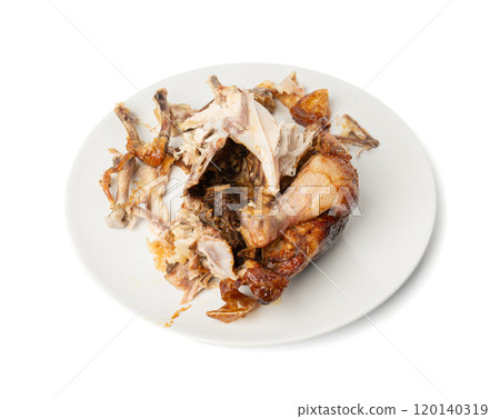 Chicken Leftovers, Unfinished Grilled Chicken on Dirty Plate Isolated, Meat Pieces and Bones 120140319