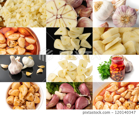 Garlic Collage, Raw Peeled, Pickled Cloves Pattern, Roasted Grilled Garlic Mockup, Fried Clove 120140347
