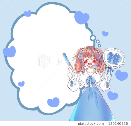 A woman holding a fan and glow sticks, fainting, blue, speech bubble 120140356