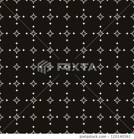 Simple minimalist floral pattern. Minimal seamless texture with small flower shapes. Abstract black and white geometric background. For print, package Simple minimalist floral pattern. Minimal seamless texture with small flower shapes. Abstract black and white geometric background. For print, package 120140361