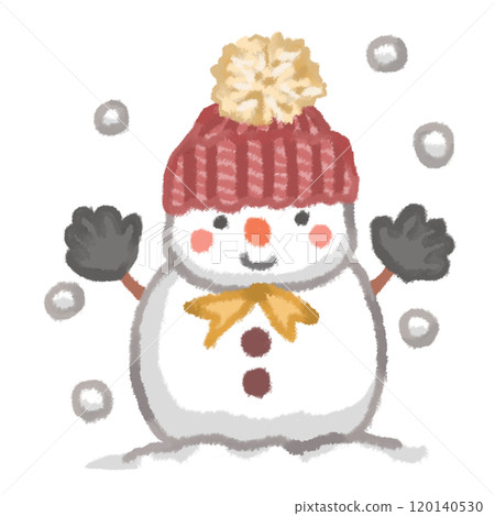 Cute snowman in a red knitted hat with pom-poms 120140530