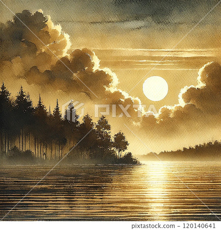 Beautiful landscape with lake and clouds at dusk 120140641