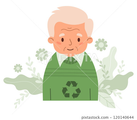 Cute gray-haired elderly man in fashionable sweater from recycling textile. Modern light-skinned grandpa Eco friendly clothing sustainable fashion. Recycle and environmental care. Vector illustration. 120140644