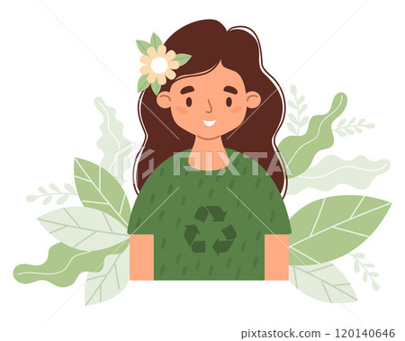 Ecology lifestyle. Happy girl in fashionable recycling textile clothes. Eco friendly clothing sustainable fashion. Recycle and environmental care concept and conscious young man. Vector illustration. 120140646
