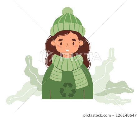 Cute girl in fashionable winter knitwear made from recycled material. Eco friendly clothing sustainable fashion. Recycle and environmental care concept. Ecology lifestyle. Vector illustration. 120140647