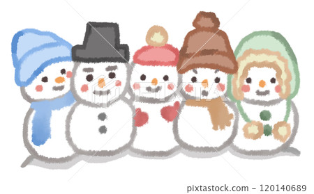 A friendly family of snowmen lined up side by side A friendly family of snowmen lined up side by side 120140689