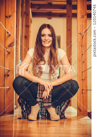 Happy cute pretty young woman girl at home. 120140748