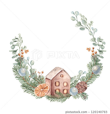 Christmas Wreath with Winter plants and Ceramic House, Lanterns for Candles. Hand drawn Botanical Illustration of Fir Branches, Eucalyptus, Pine Cones and dried Orange slices isolated on white Christmas Wreath with Winter plants and Ceramic House, Lanterns for Candles. Hand drawn Botanical Illustration of Fir Branches, Eucalyptus, Pine Cones and dried Orange slices isolated on white 120140783