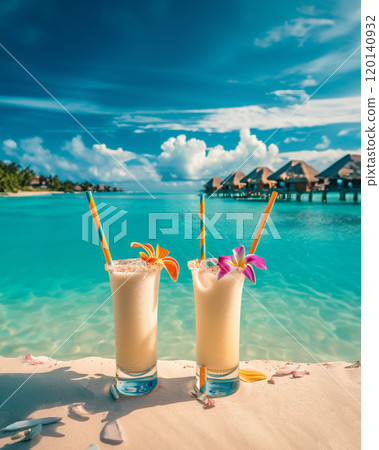 Two tropical drinks with colorful straws Two tropical drinks with colorful straws 120140932