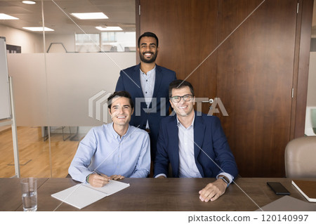 Happy successful diverse male business team posing together 120140997