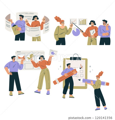 Productive Team with Business Man and Woman Work Together Vector Set Productive Team with Business Man and Woman Work Together Vector Set 120141356