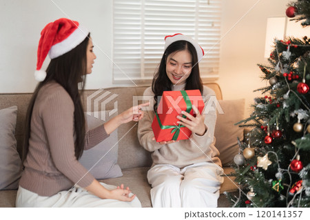 Joyful Young Woman Couple Exchanging Surprise Gift Box by Christmas Tree in Festive Holiday Celebration at Home 120141357