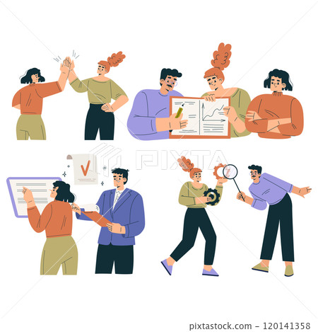Productive Team with Business Man and Woman Work Together Vector Set 120141358