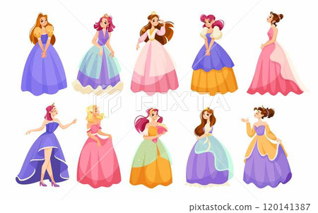 Girl Princess in Pretty Dress and Attire Standing and Smiling Vector Set Girl Princess in Pretty Dress and Attire Standing and Smiling Vector Set 120141387