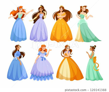 Girl Princess in Pretty Dress and Attire Standing and Smiling Vector Set Girl Princess in Pretty Dress and Attire Standing and Smiling Vector Set 120141388
