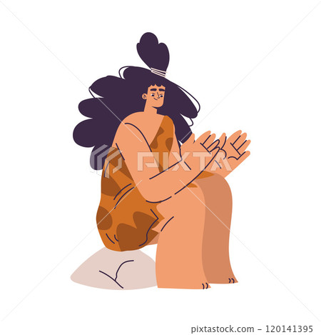 Primitive Woman Character and Caveman in Loincloth Sit on Stone Vector Illustration 120141395
